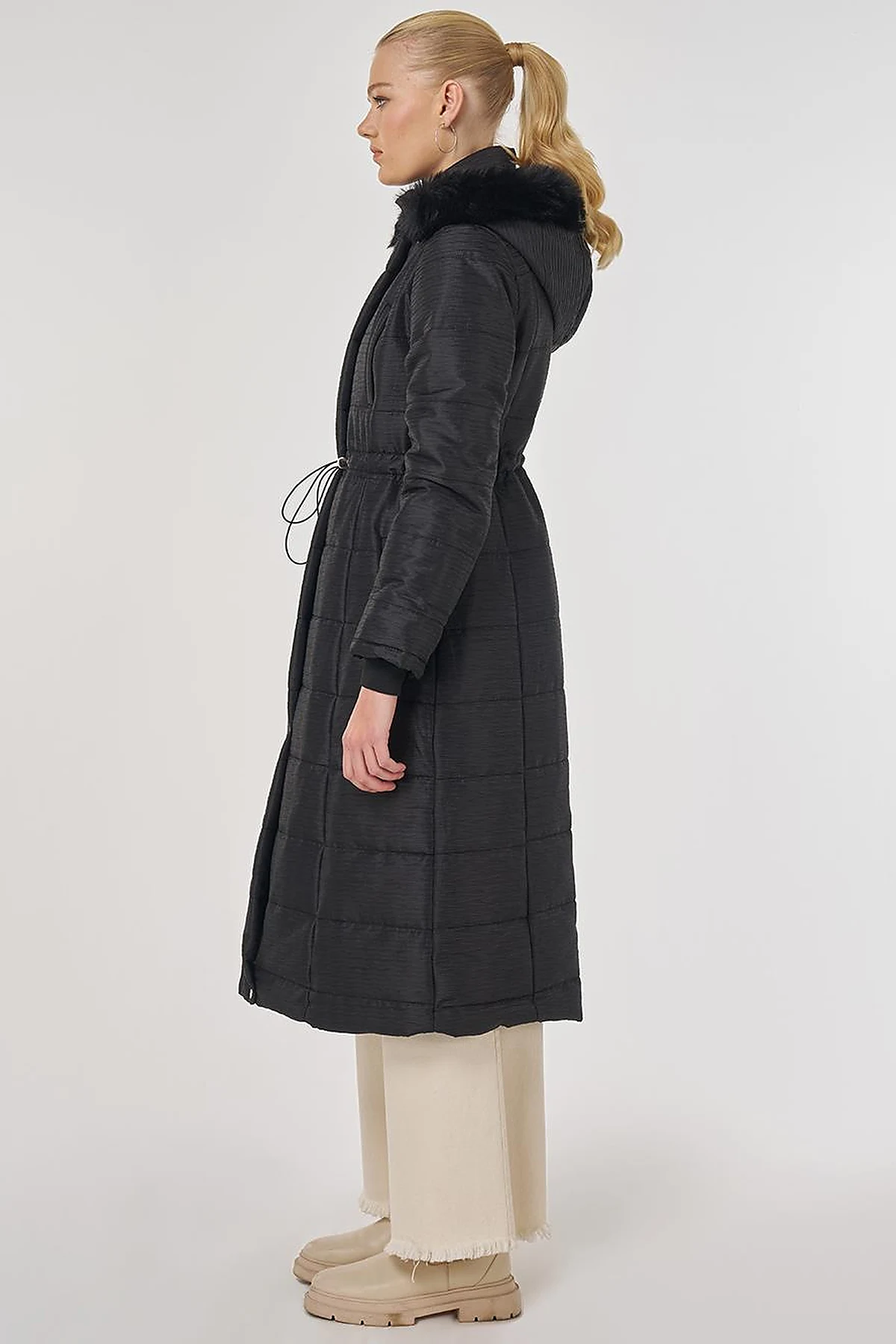 Faux Fur Quilted Coat in Black