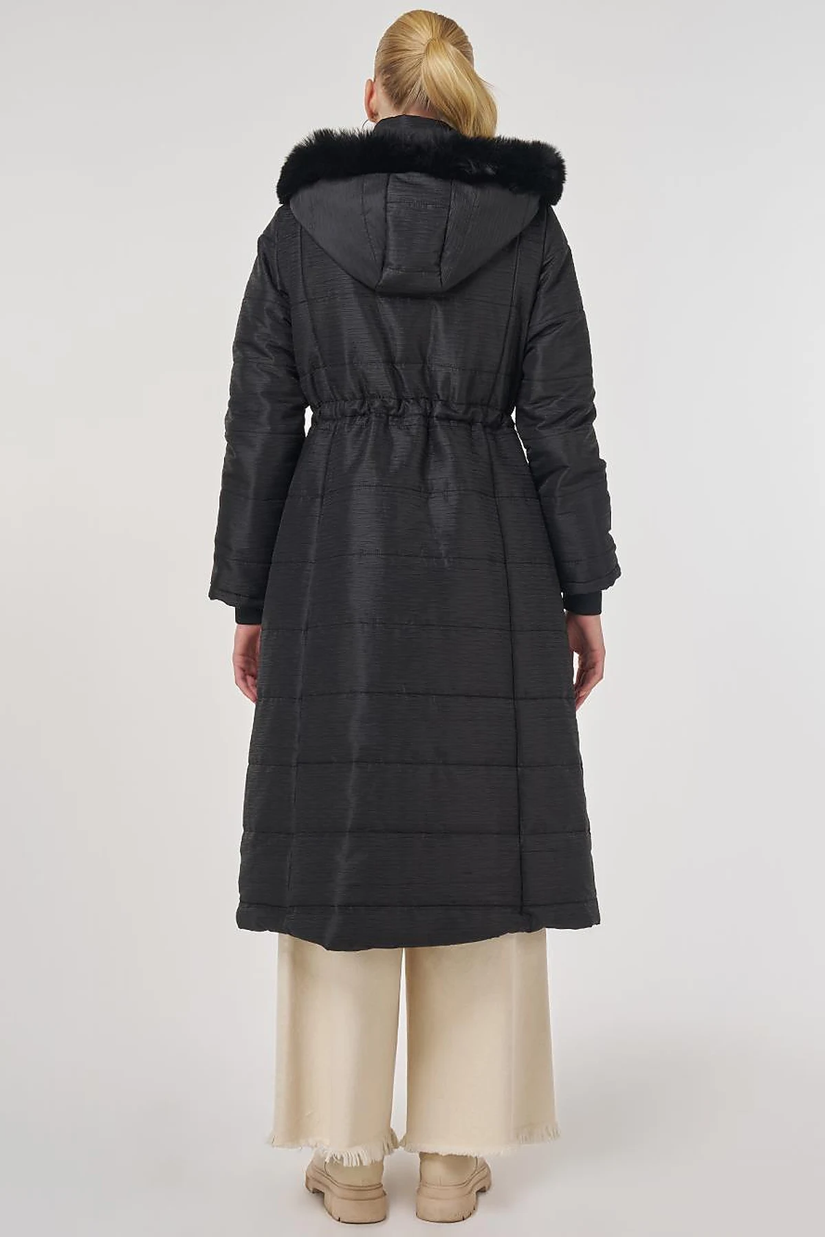 Faux Fur Quilted Coat in Black
