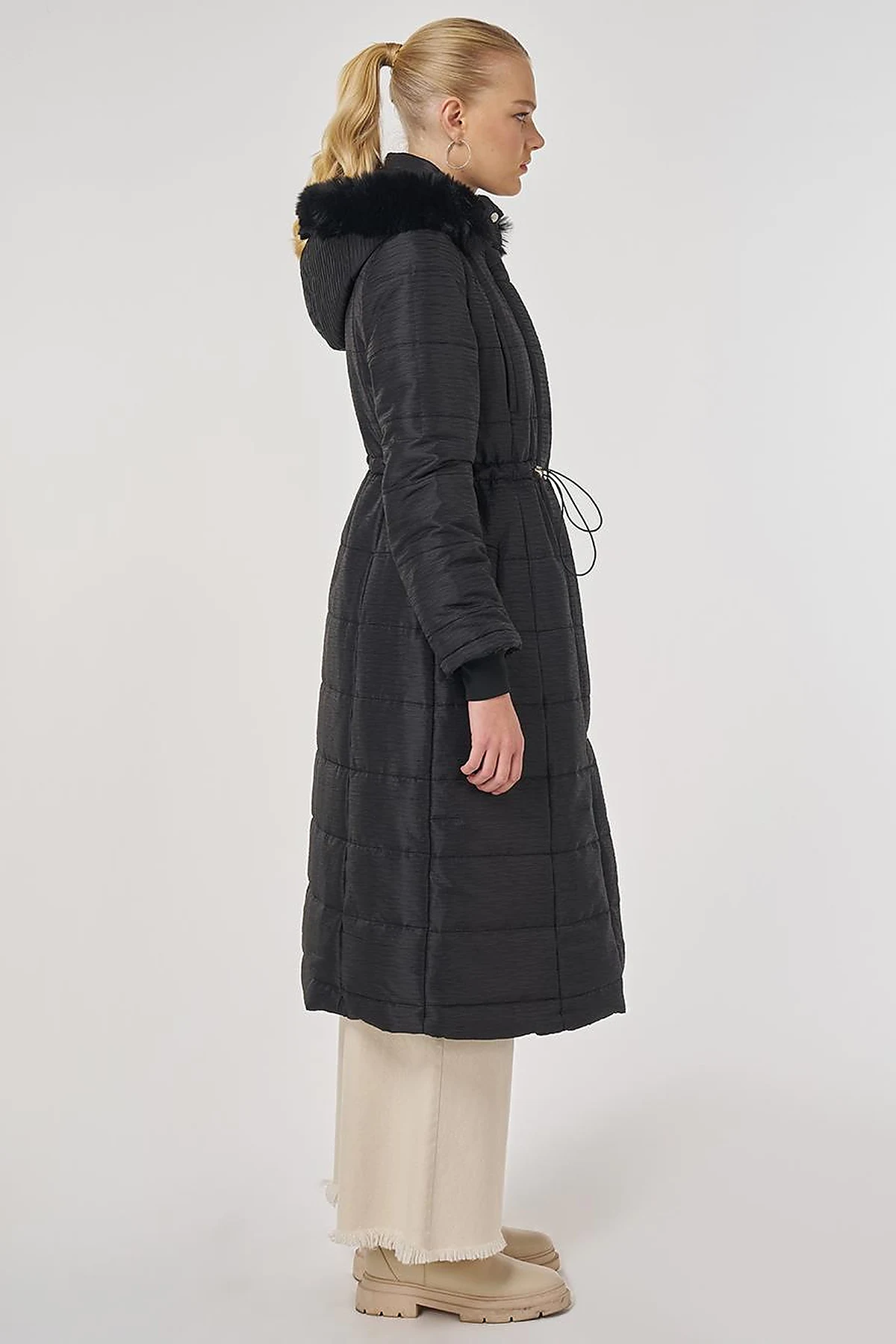 Faux Fur Quilted Coat in Black