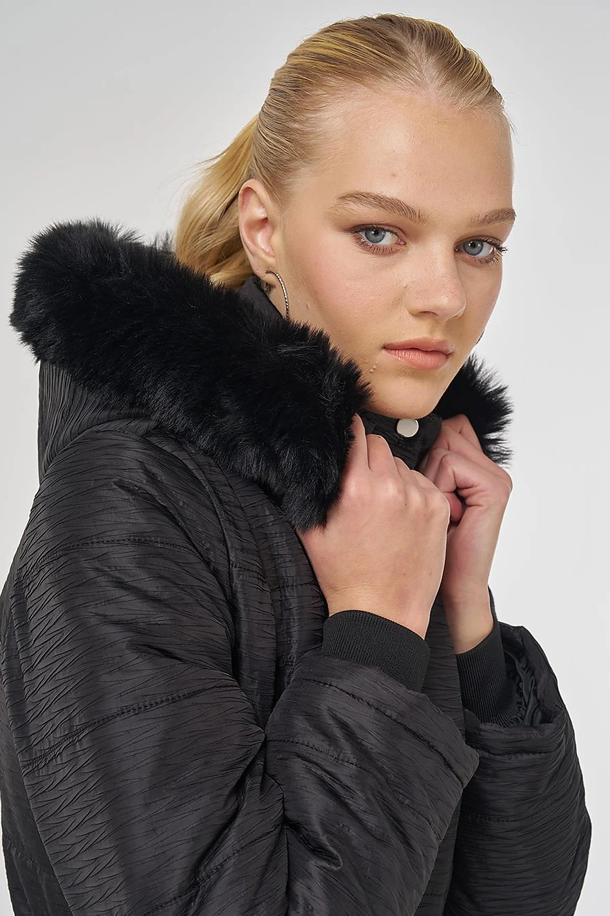Faux Fur Quilted Coat in Black