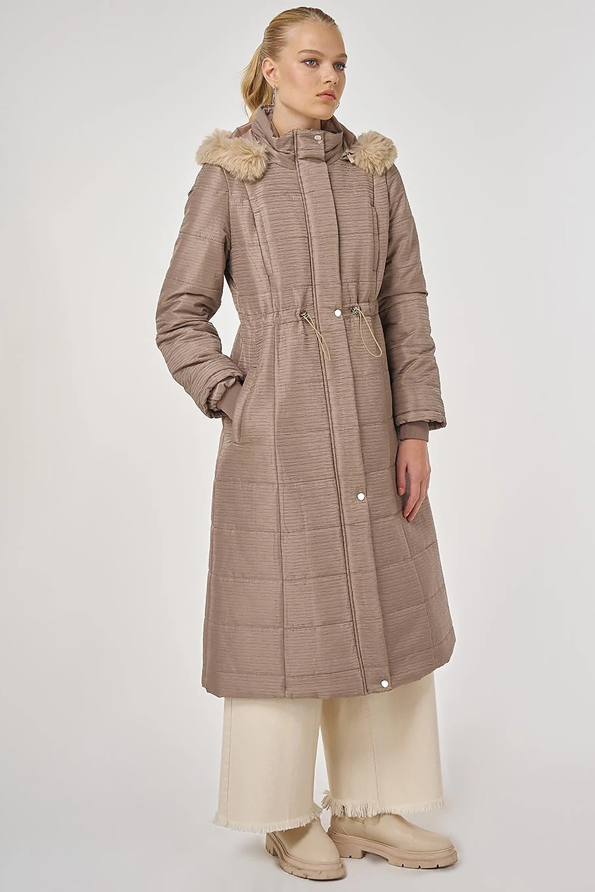 Faux Fur Quilted Coat in Mink