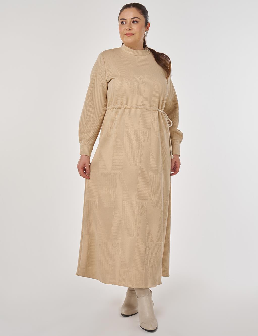 Patterned Relaxed-Cut Dress in Beige