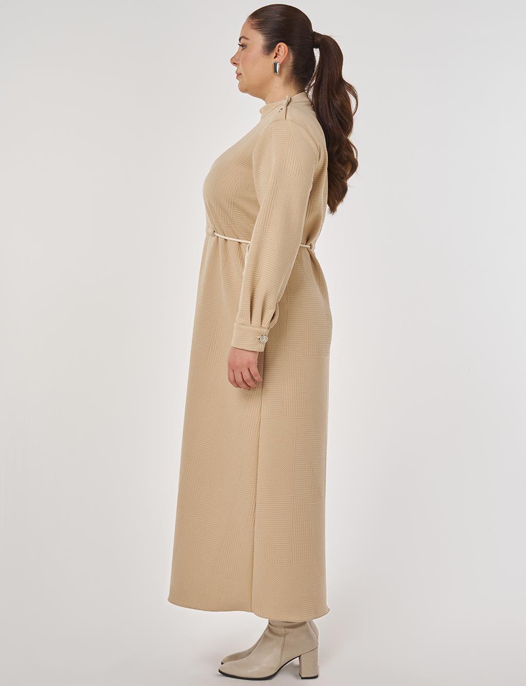 Patterned Relaxed-Cut Dress in Beige