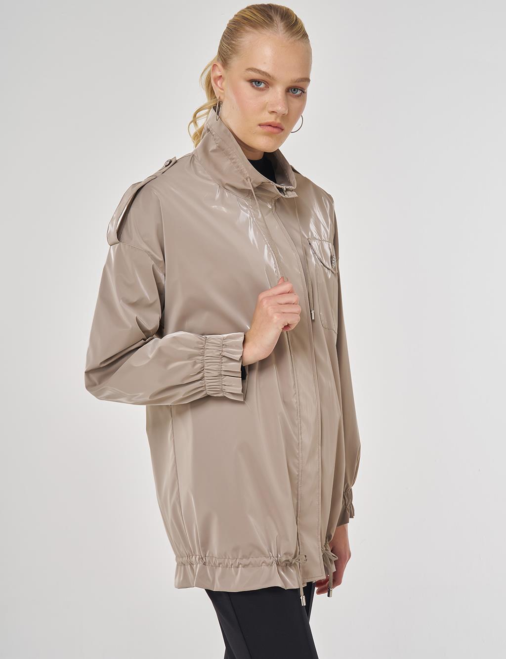 Shiny Stand Collar Jacket Cream