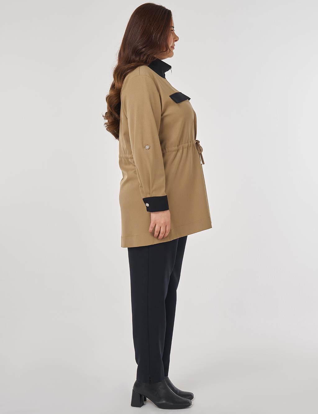 Stand-up Collar Tunic with Flap Pockets in Beige