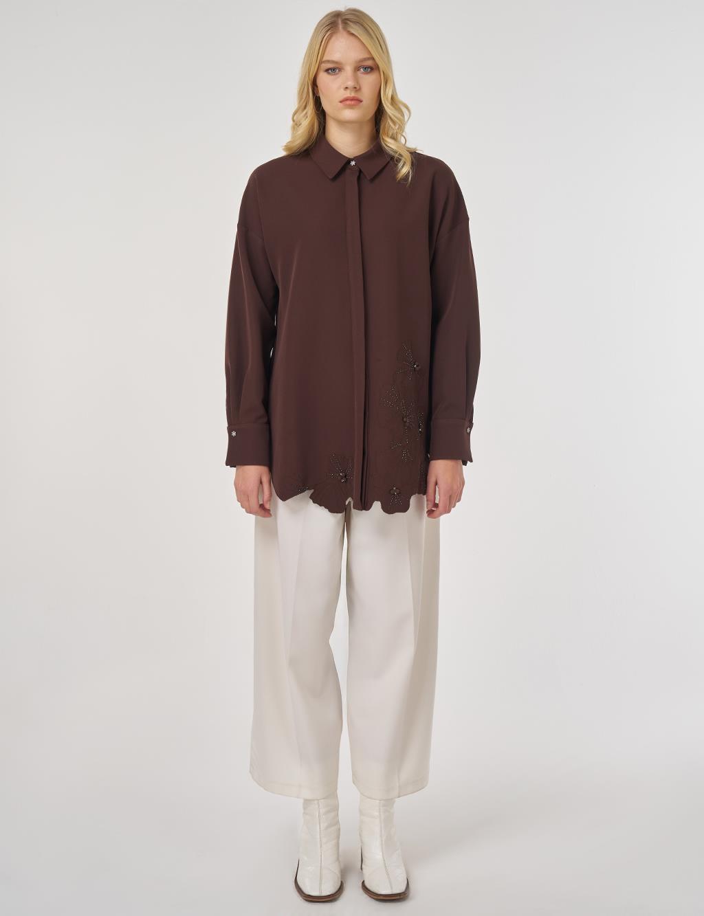 Aplikeli Şık Tunik Koyu Kahve