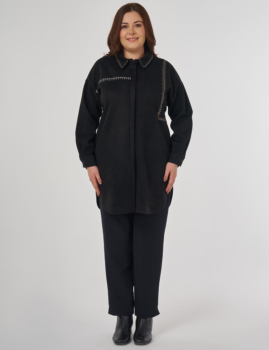 Topstitch Suede Tunic in Black