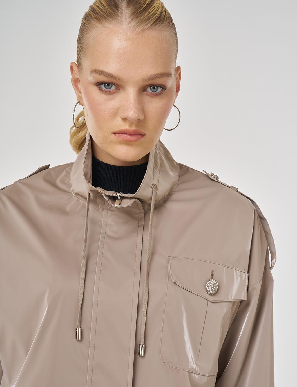 Shiny Stand Collar Jacket Cream