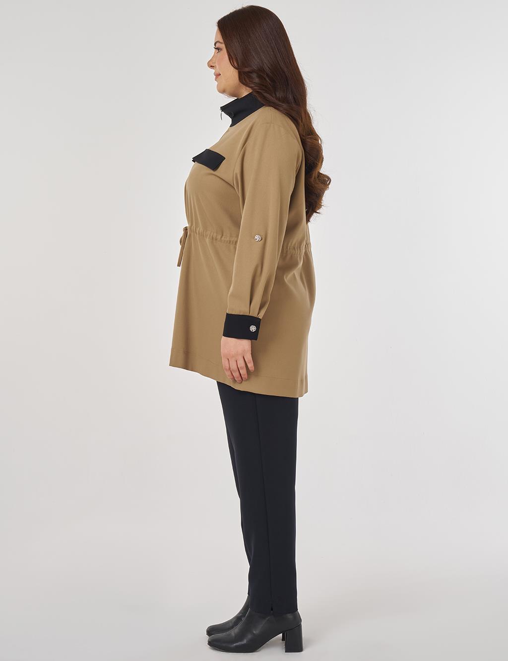 Stand-up Collar Tunic with Flap Pockets in Beige