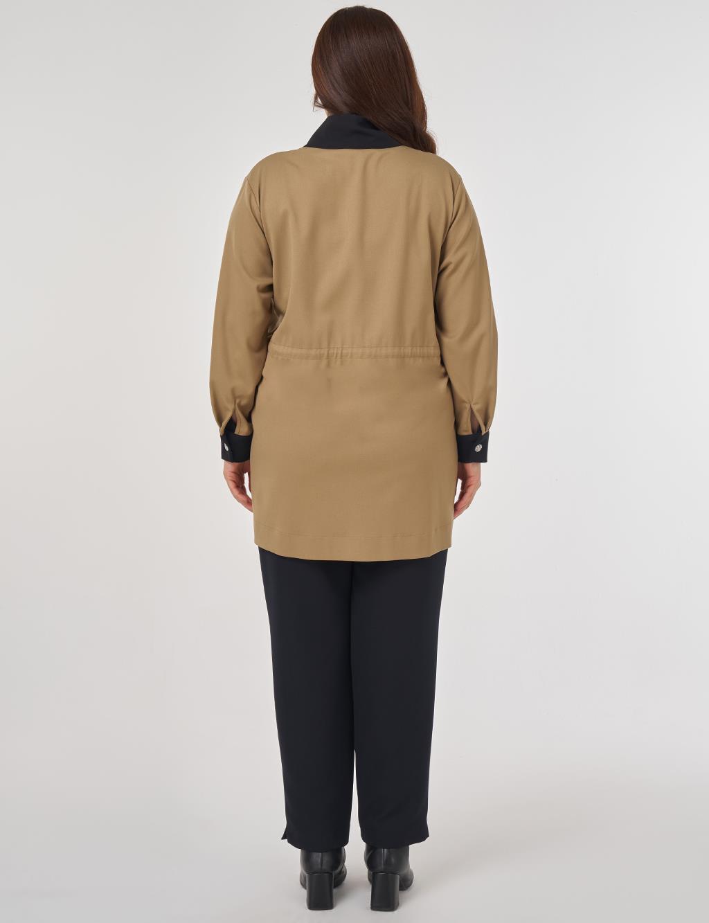 Stand-up Collar Tunic with Flap Pockets in Beige