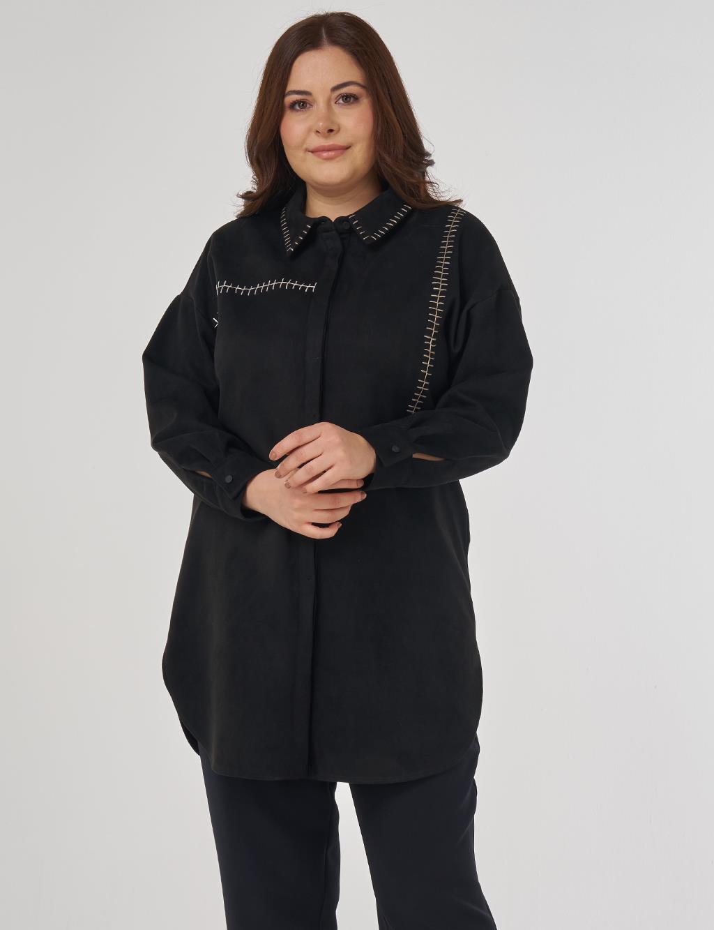 Topstitch Suede Tunic in Black