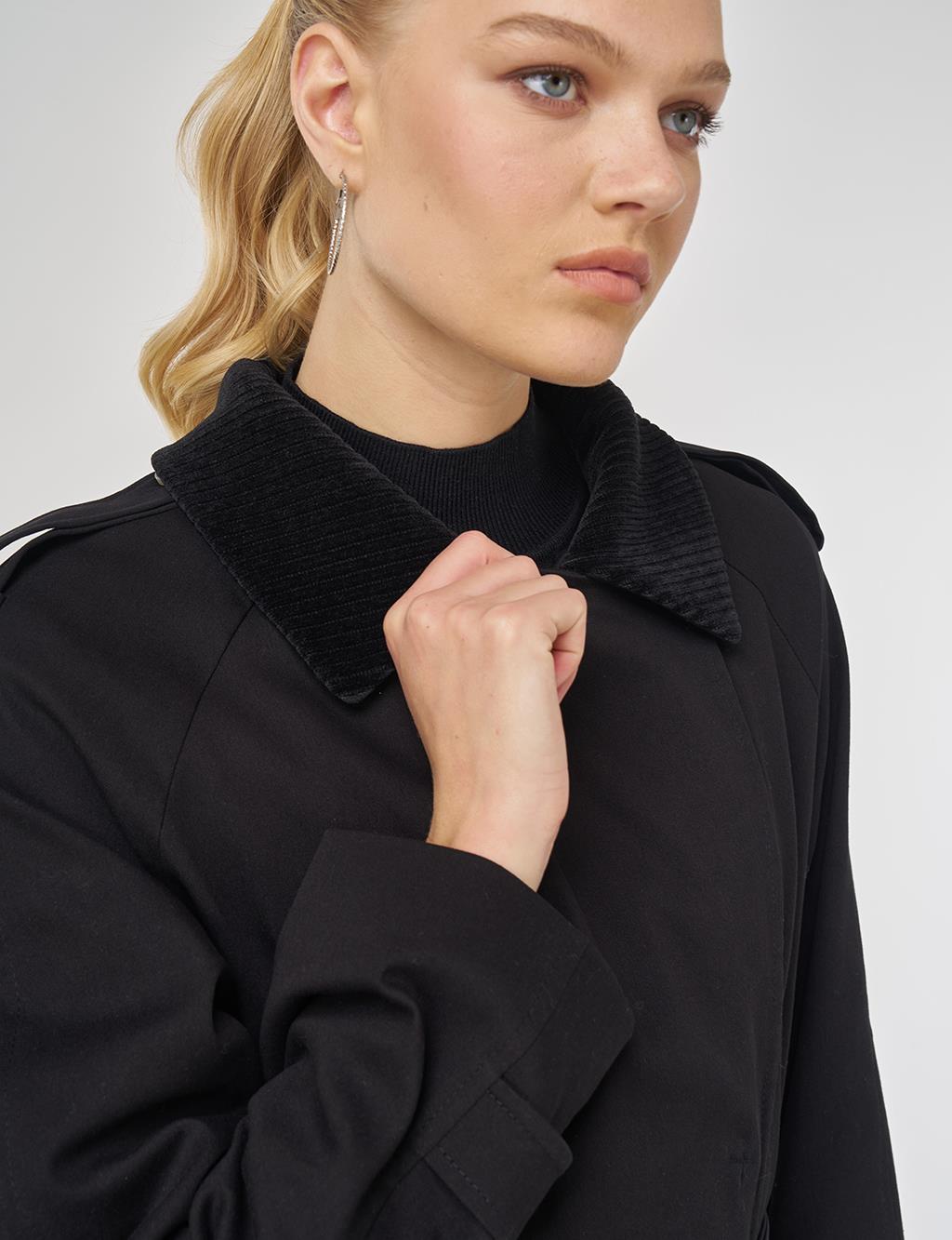 Velvet Collared Trench Coat Black