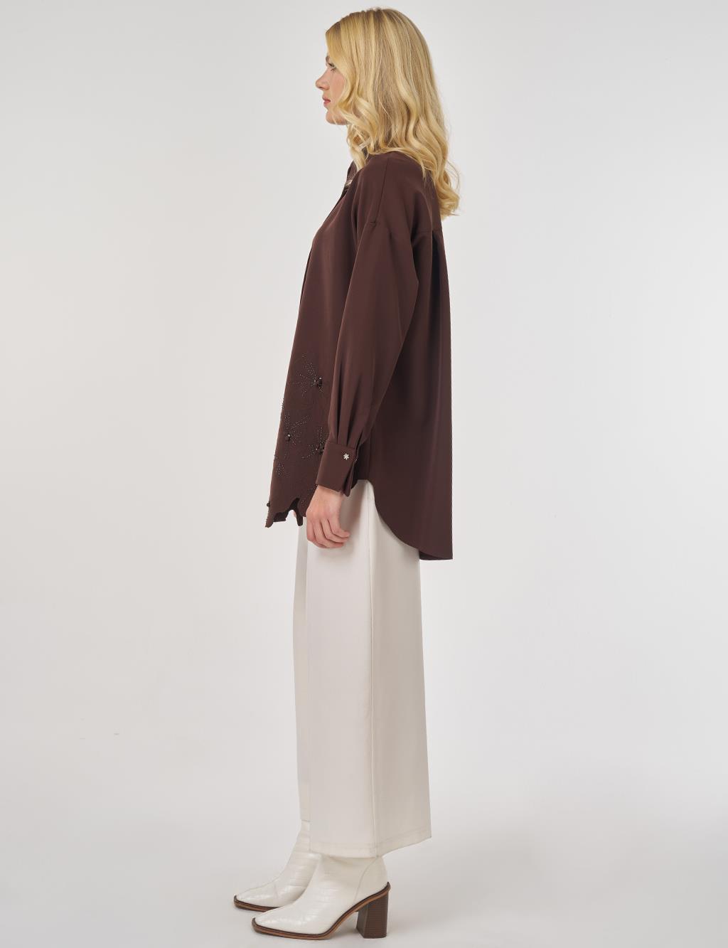 Aplikeli Şık Tunik Koyu Kahve