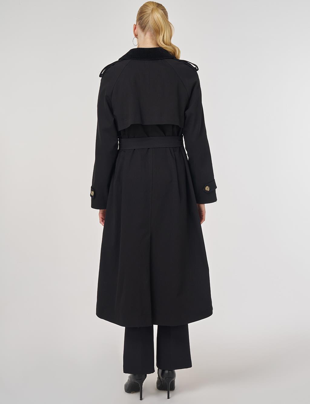 Velvet Collared Trench Coat Black