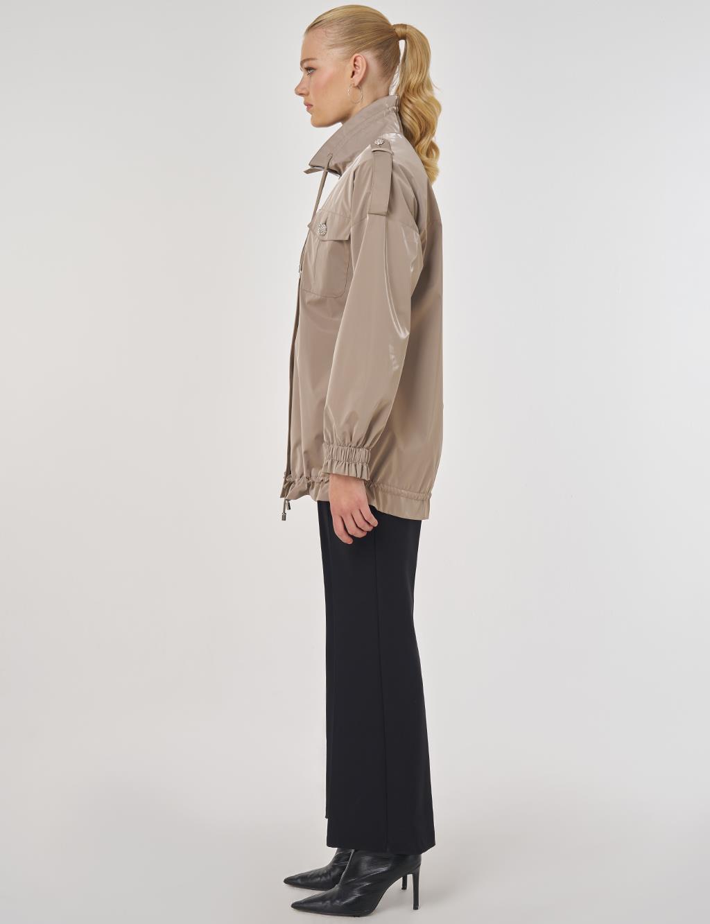 Shiny Stand Collar Jacket Cream