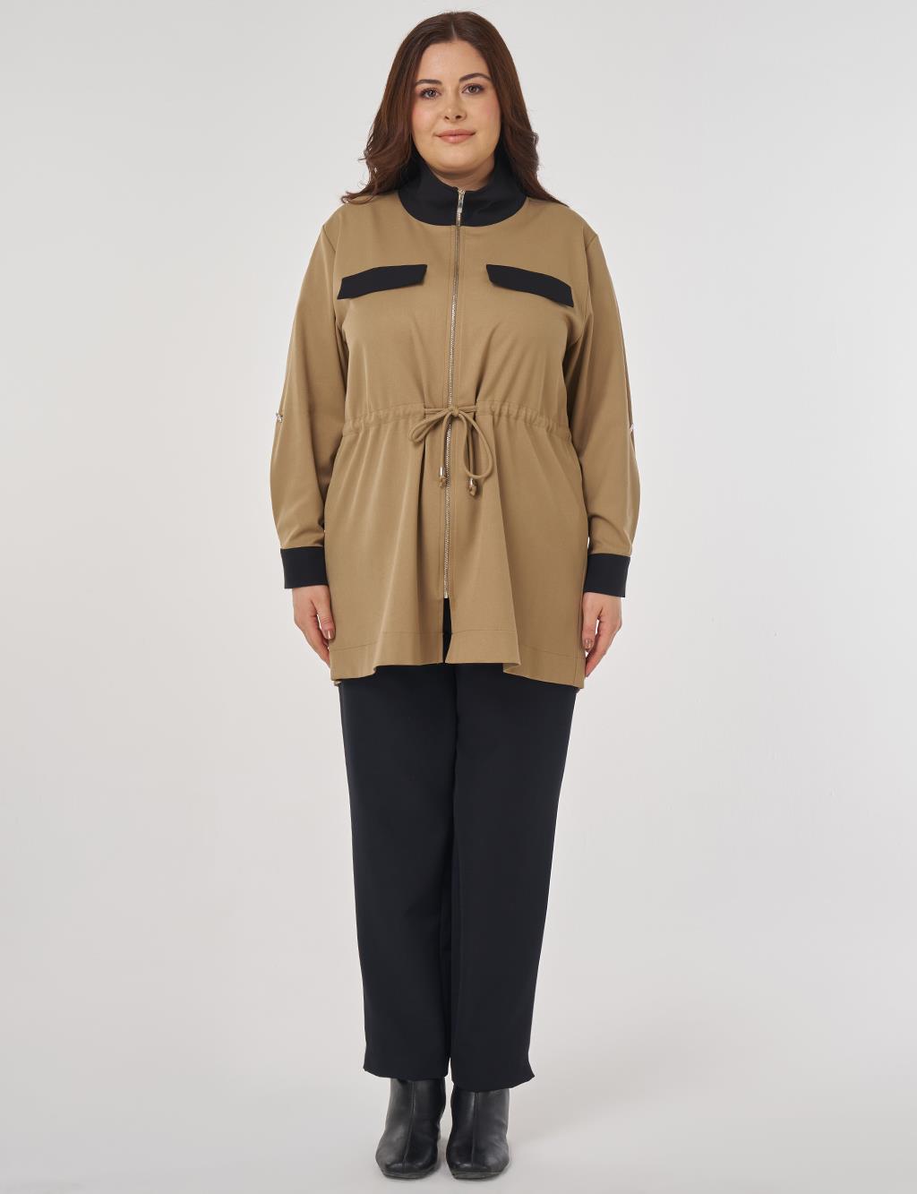 Stand-up Collar Tunic with Flap Pockets in Beige