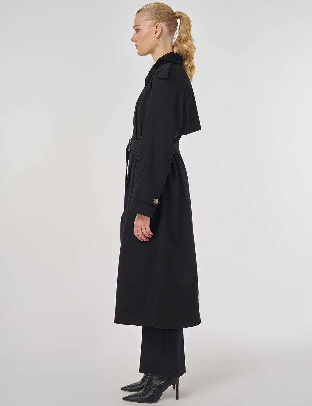 Velvet Collared Trench Coat Black