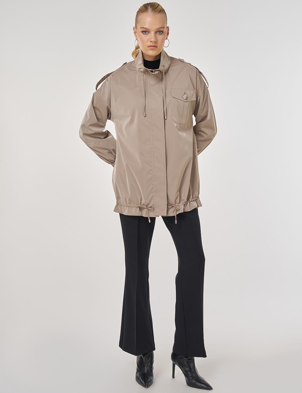 Shiny Stand Collar Jacket Cream