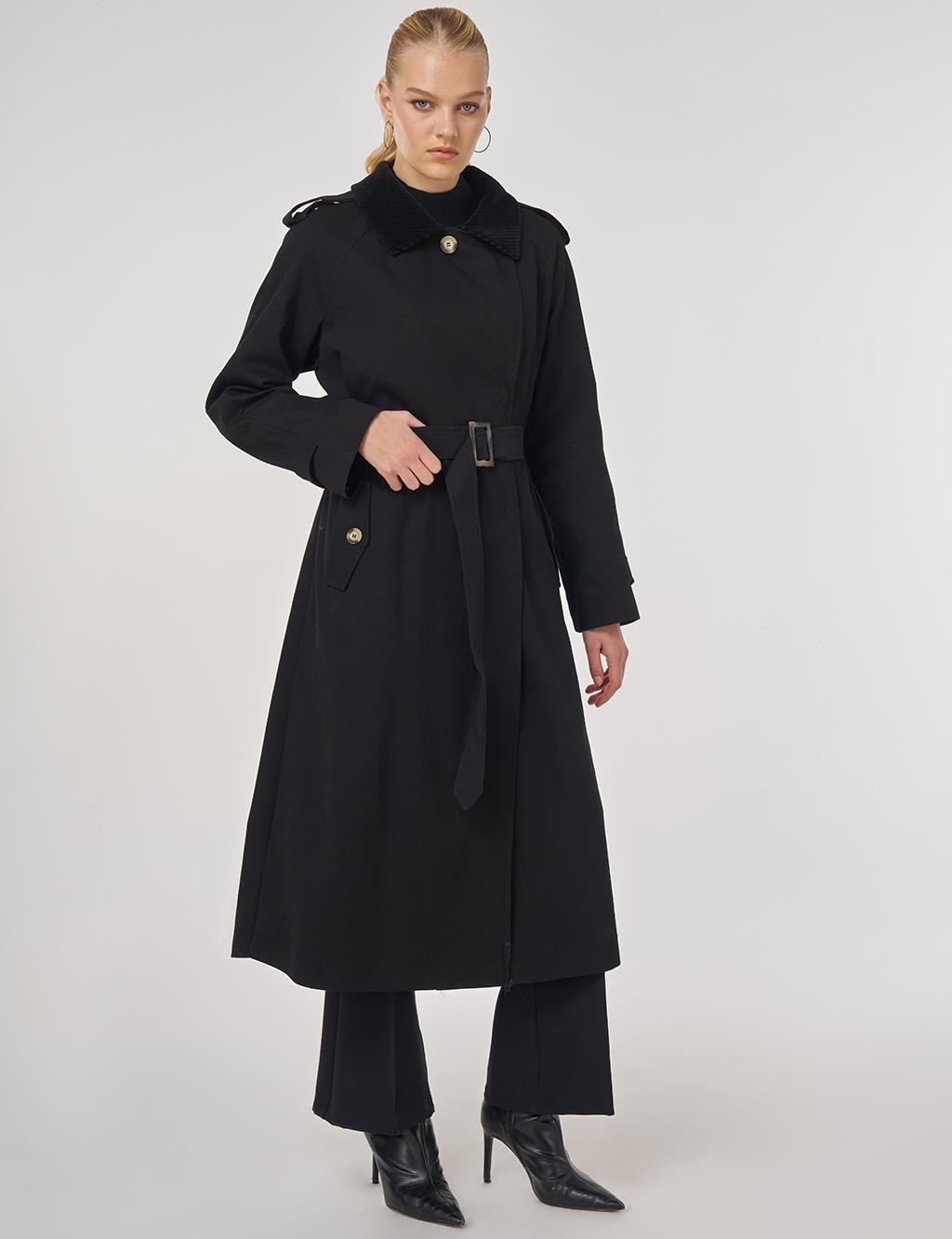 Velvet Collared Trench Coat Black