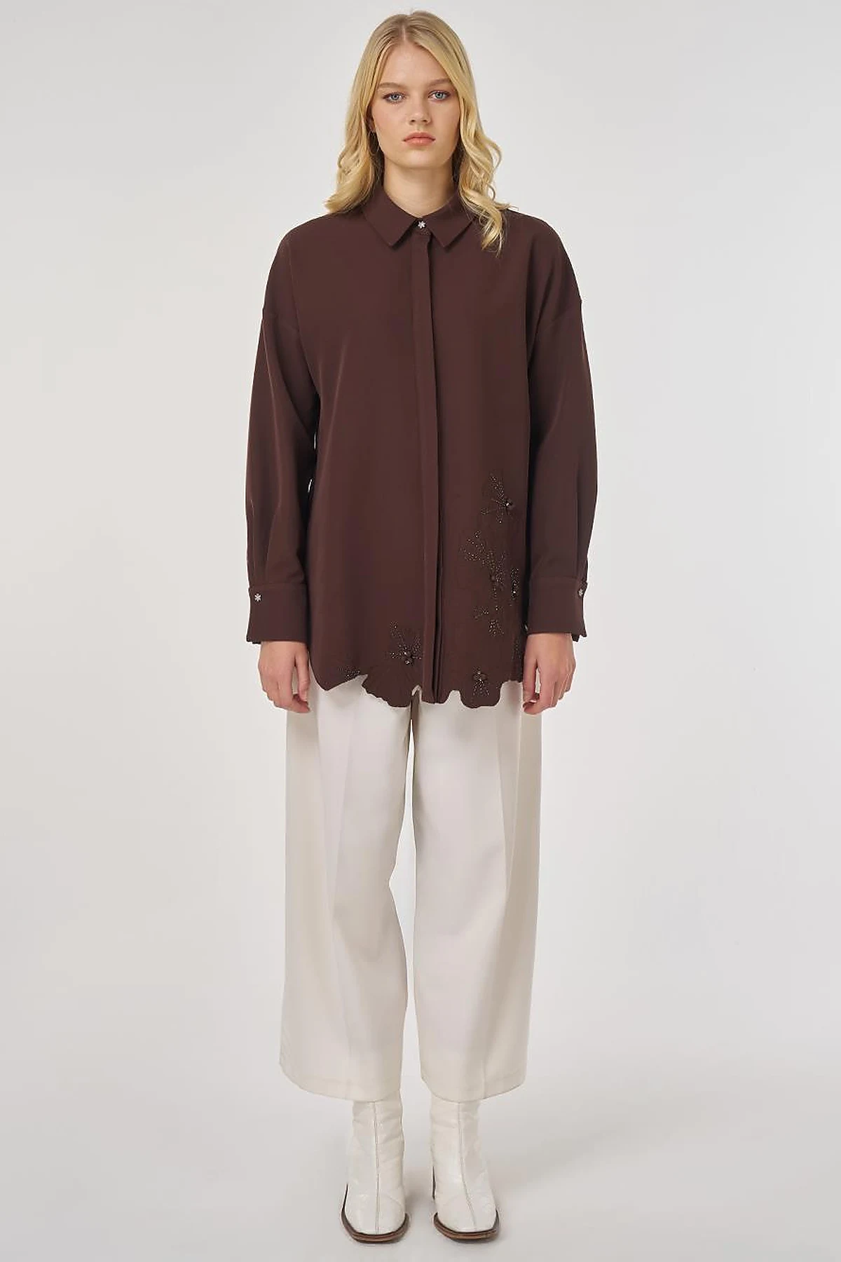 Appliquéd Elegant Tunic in Dark Brown