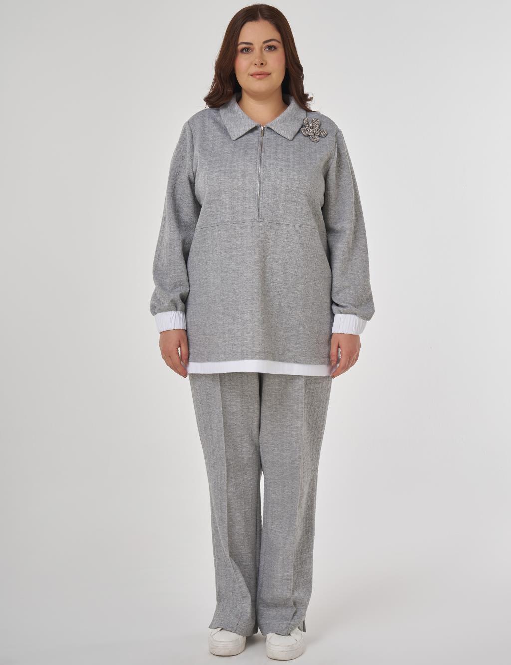 Broşlu Rahat Kesim İkili Takım Gri 