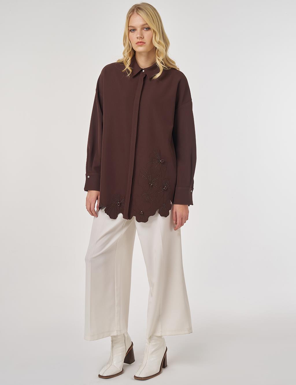 Aplikeli Şık Tunik Koyu Kahve