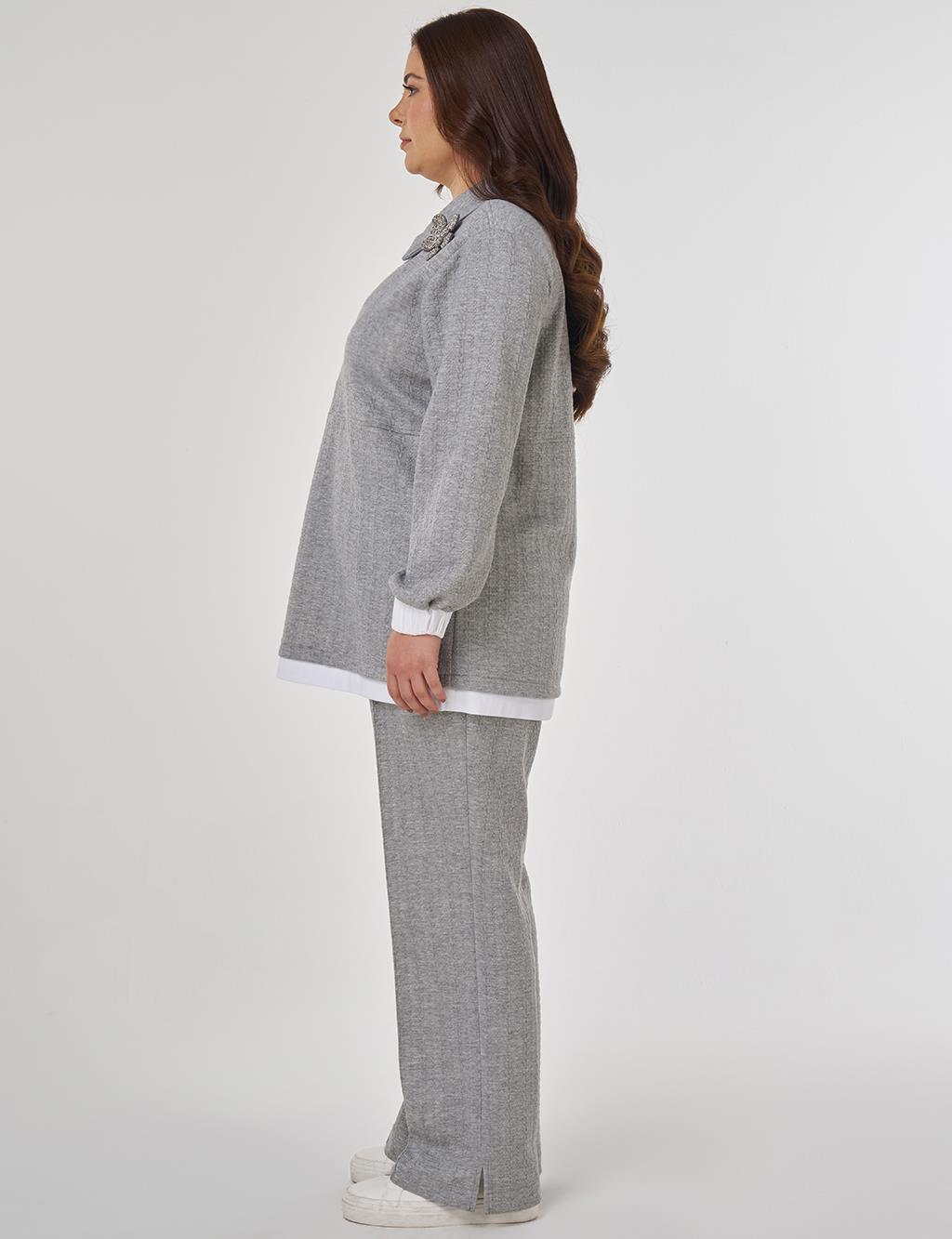 Broşlu Rahat Kesim İkili Takım Gri 