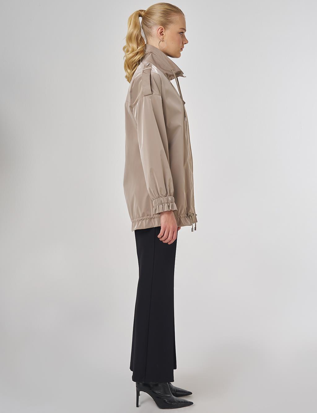 Shiny Stand Collar Jacket Cream