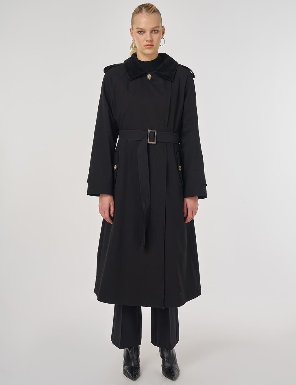 Velvet Collared Trench Coat Black