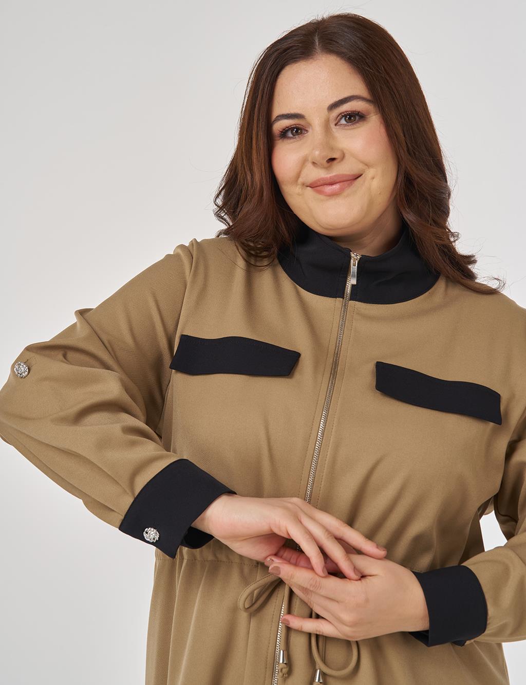 Stand-up Collar Tunic with Flap Pockets in Beige