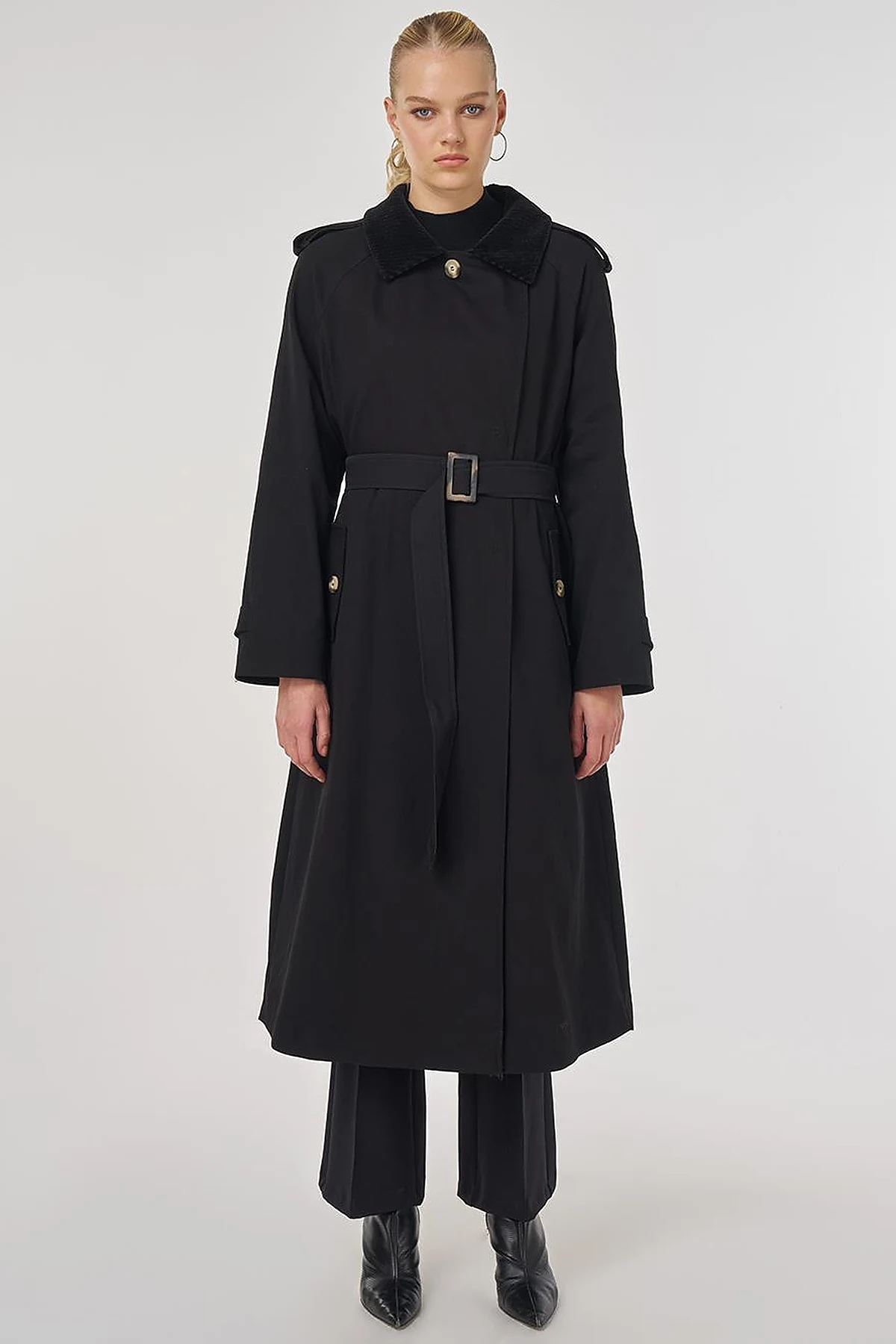 Velvet Collared Trench Coat Black
