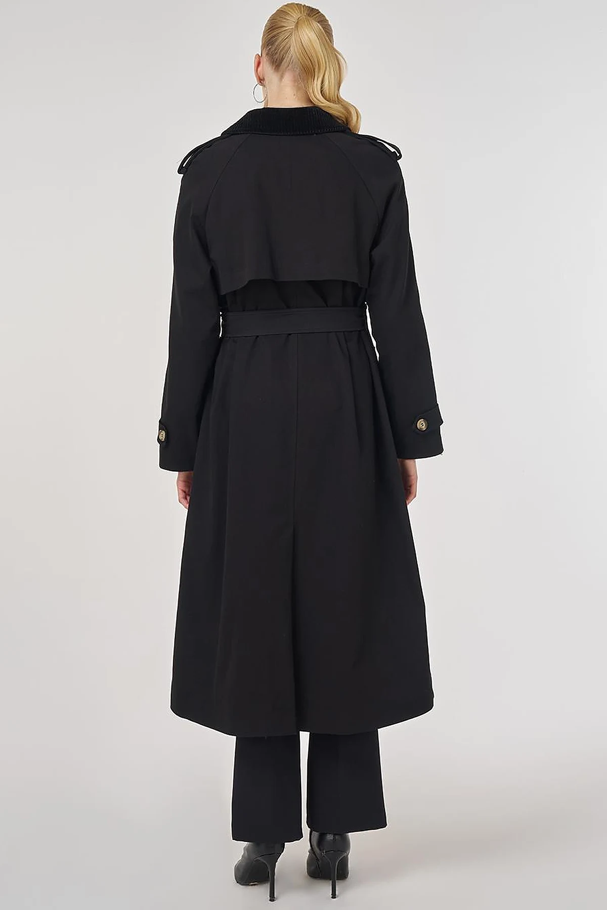 Velvet Collared Trench Coat Black