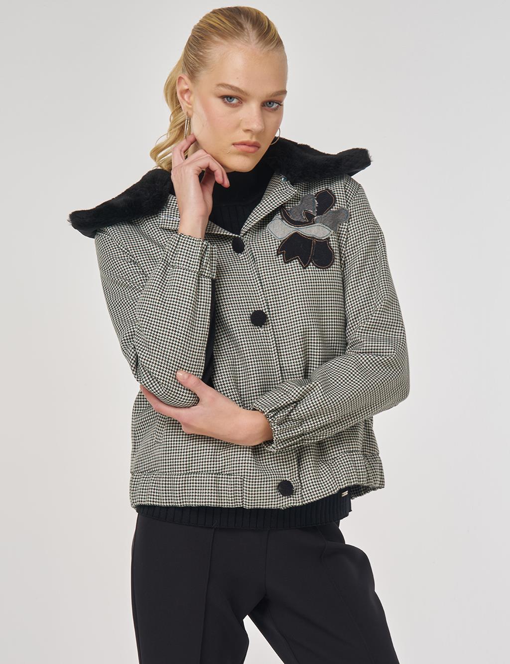 Faux Fur Collar Houndstooth Pattern Jacket Emerald