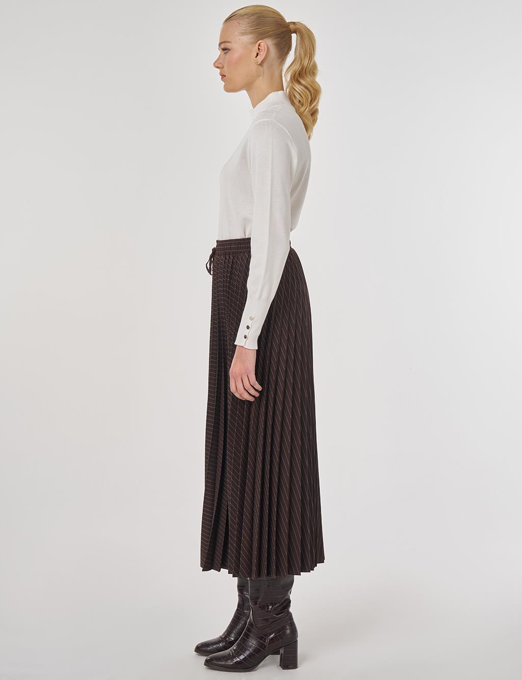 Striped Pleated Skirt in Dark Brown