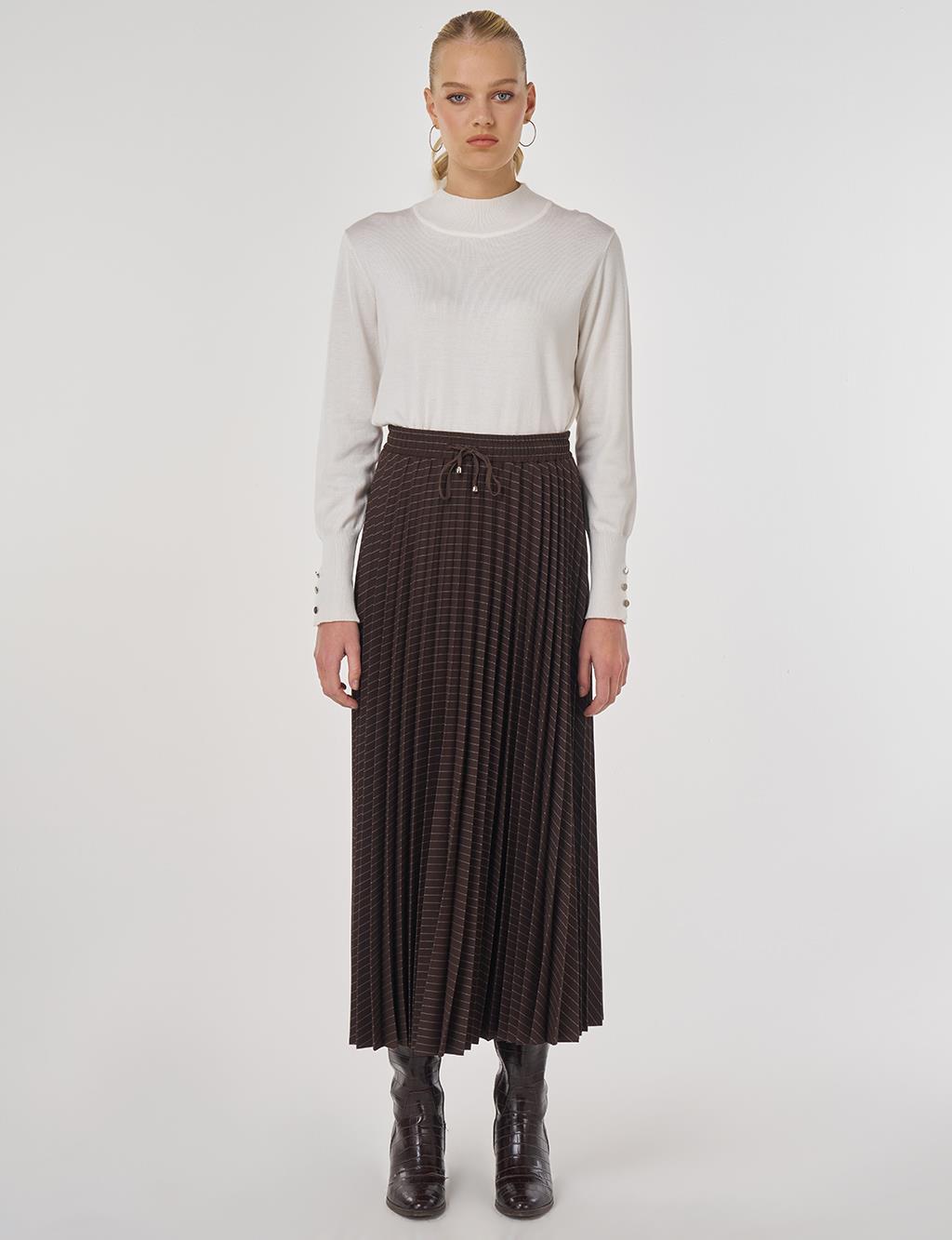 Striped Pleated Skirt in Dark Brown