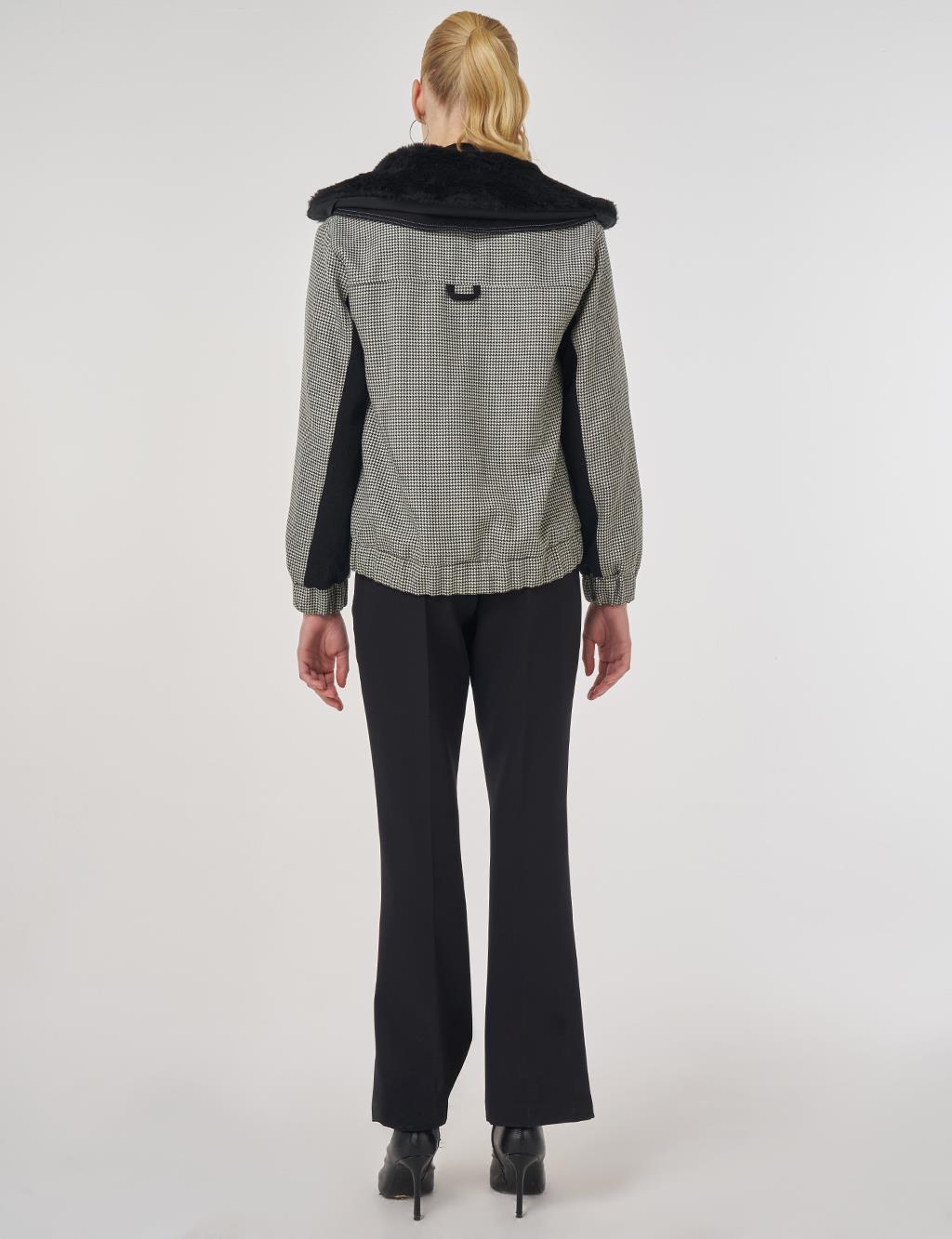 Faux Fur Collar Houndstooth Pattern Jacket Emerald