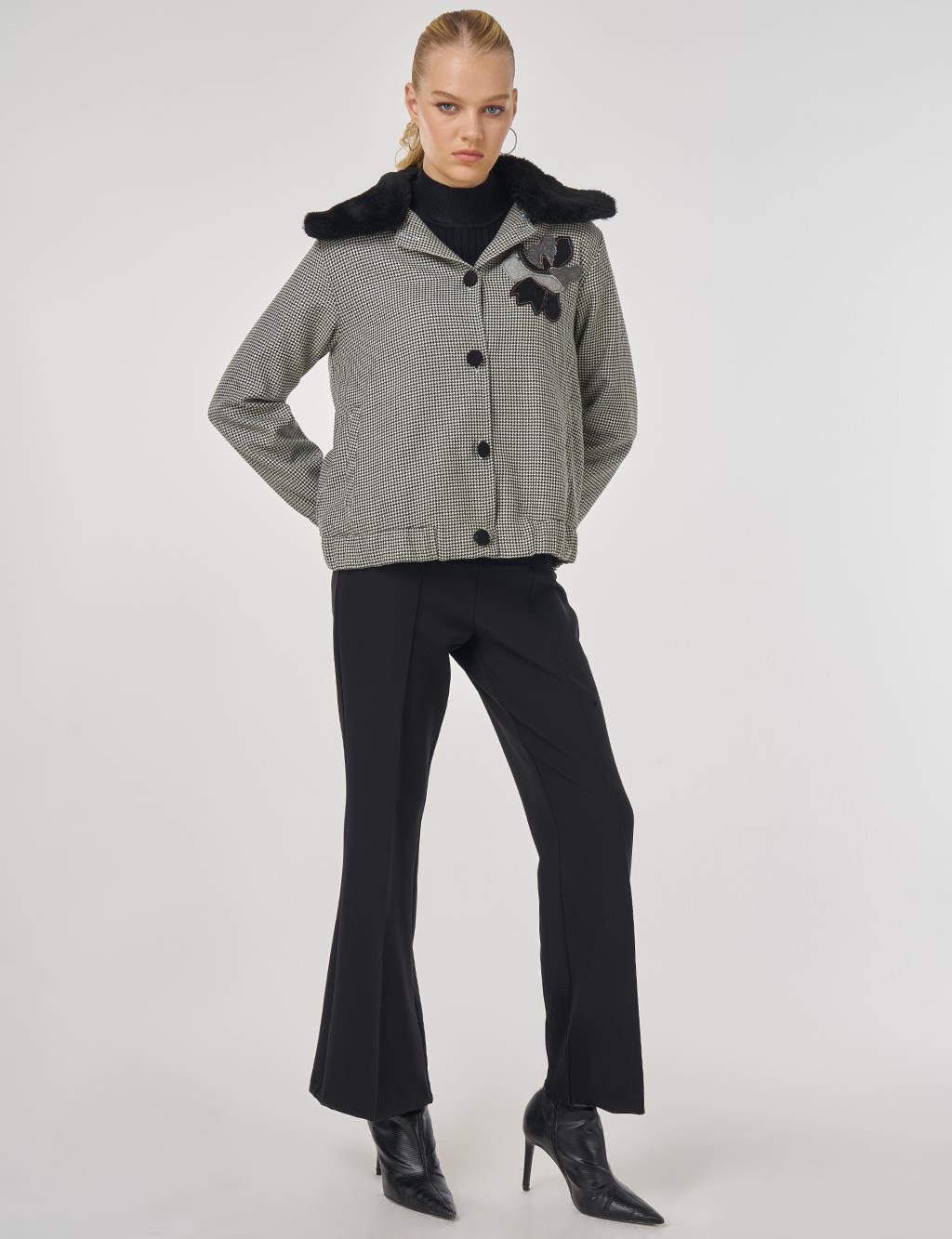 Faux Fur Collar Houndstooth Pattern Jacket Emerald