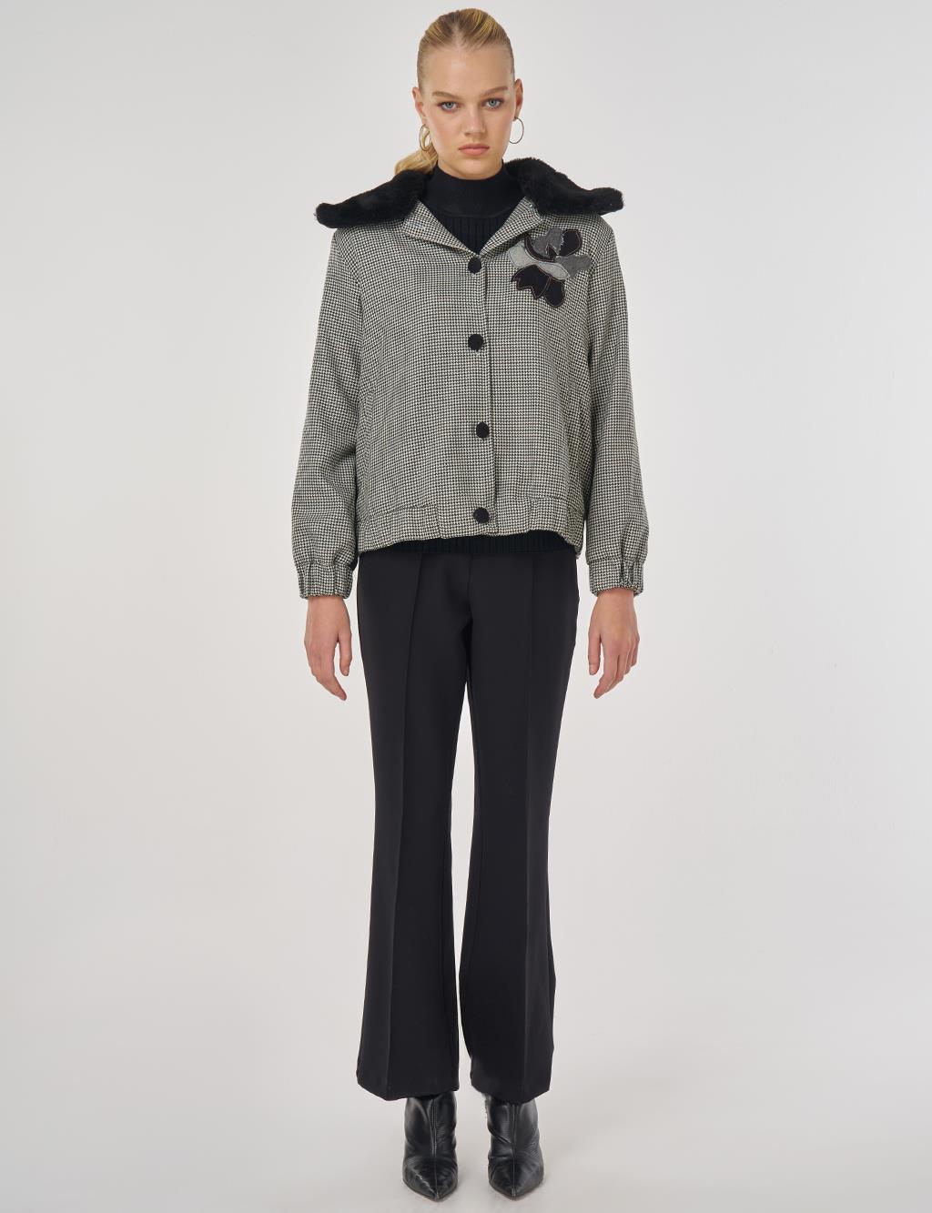 Faux Fur Collar Houndstooth Pattern Jacket Emerald