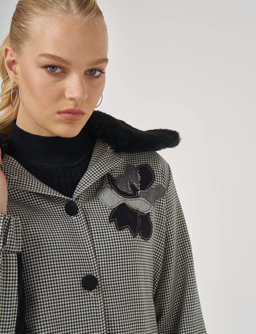 Faux Fur Collar Houndstooth Pattern Jacket Emerald