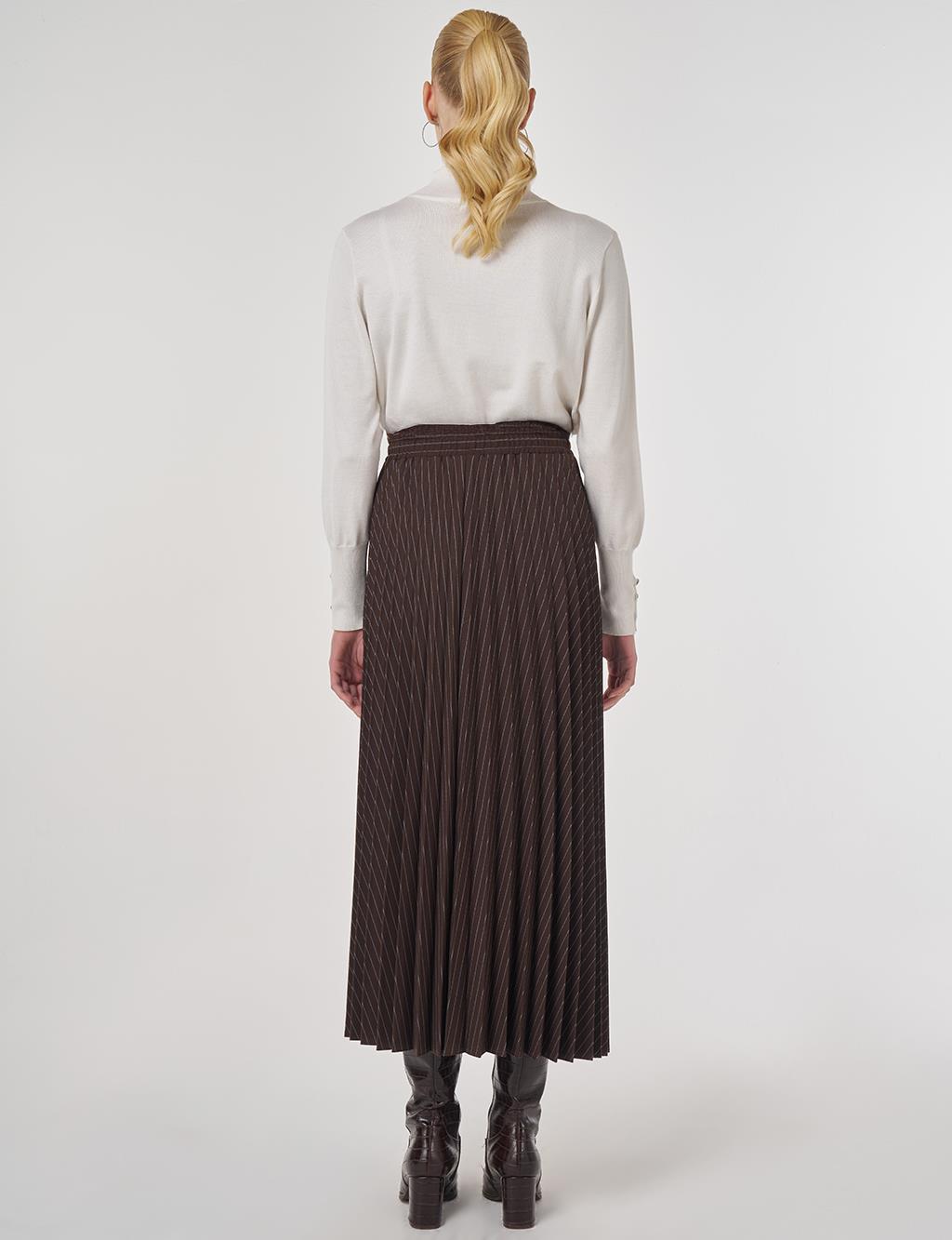 Striped Pleated Skirt in Dark Brown