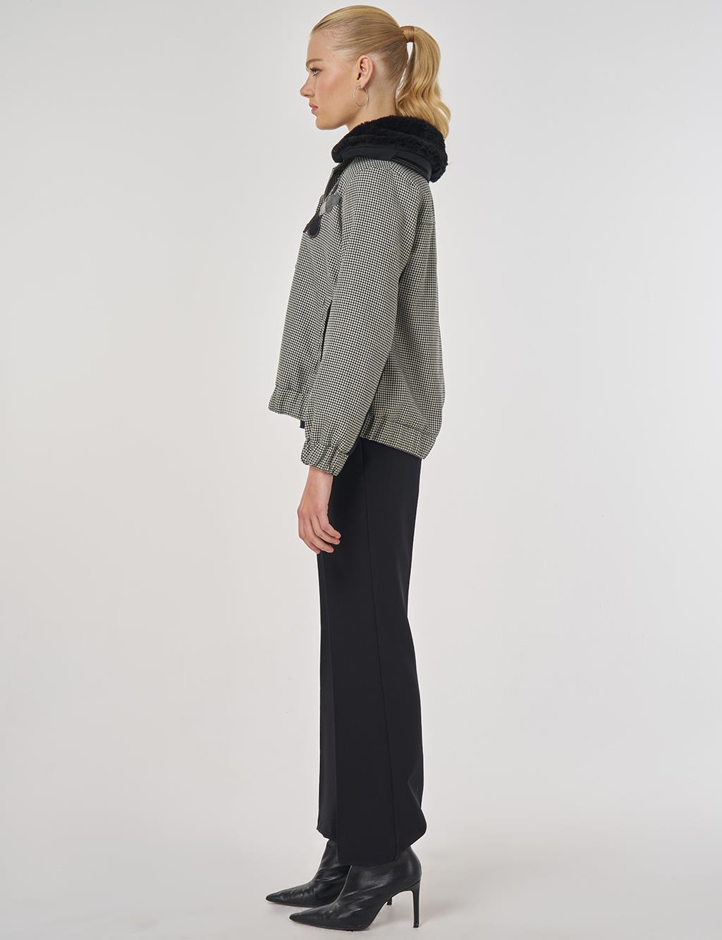 Faux Fur Collar Houndstooth Pattern Jacket Emerald