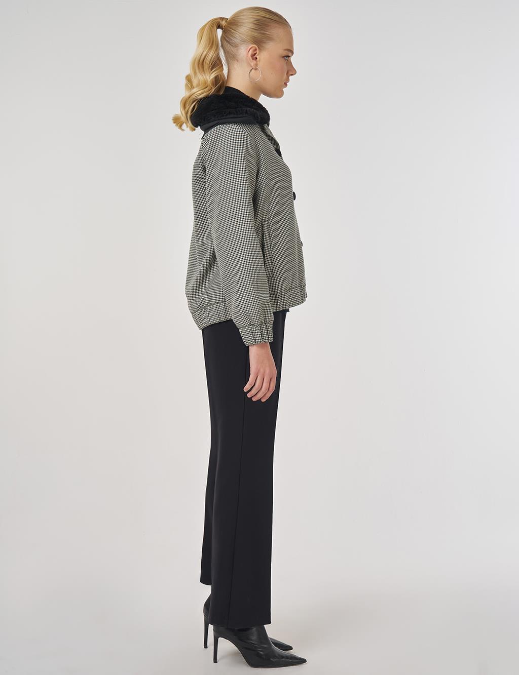 Faux Fur Collar Houndstooth Pattern Jacket Emerald