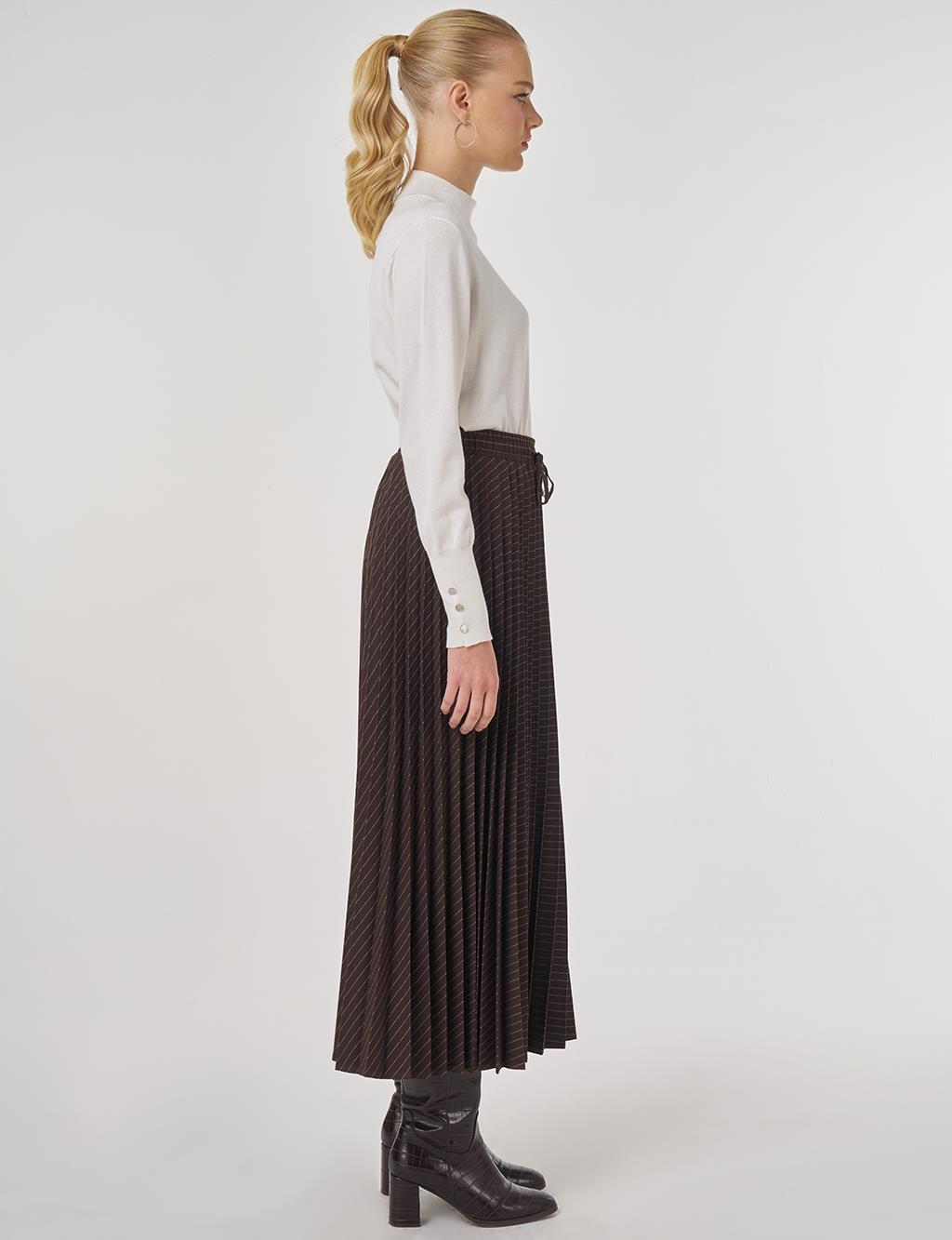 Striped Pleated Skirt in Dark Brown