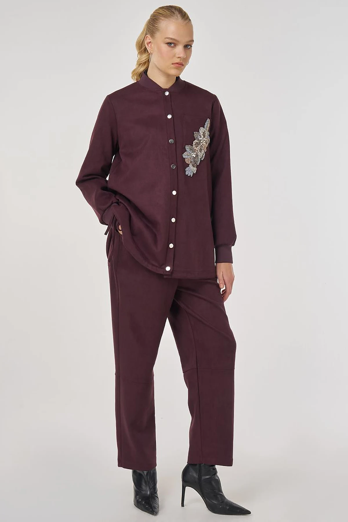 Embroidered Suede Tunic Dark Burgundy