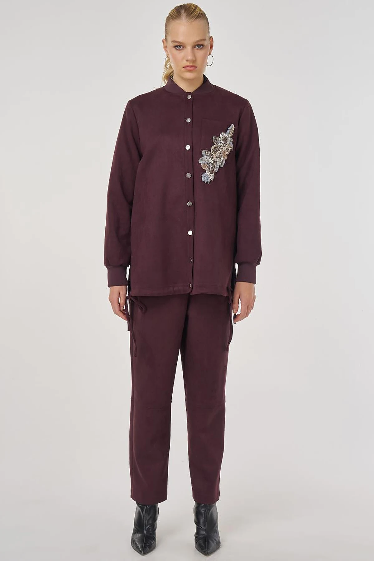 Embroidered Suede Tunic Dark Burgundy