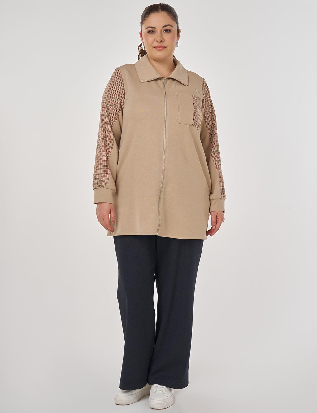 Check-Trimmed Three-Thread Sweatshirt in Beige