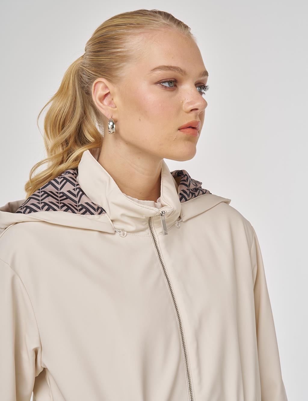 Faux Leather Anorak Coat with Zipper Detail in Cream