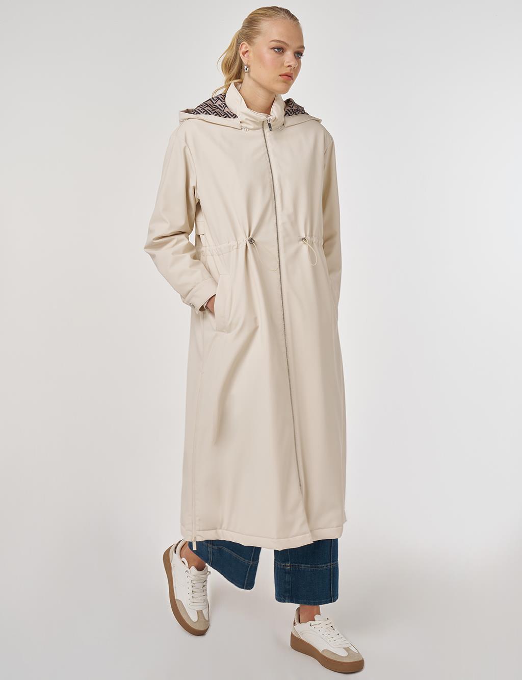 Faux Leather Anorak Coat with Zipper Detail in Cream