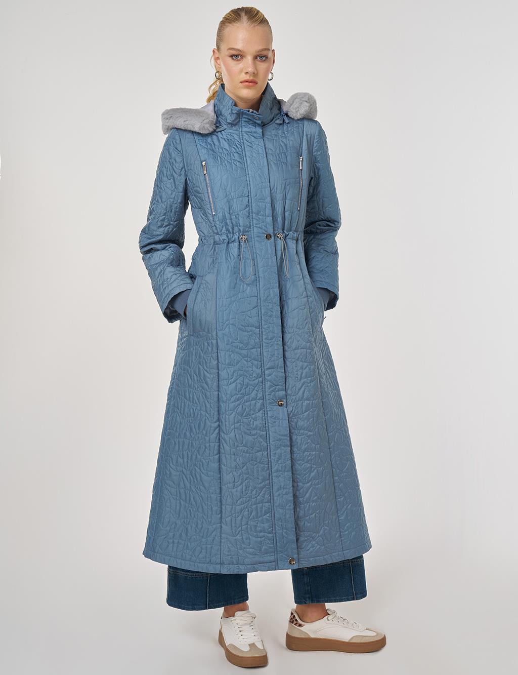 Fur-Detailed Quilted Coat in Dirty Blue