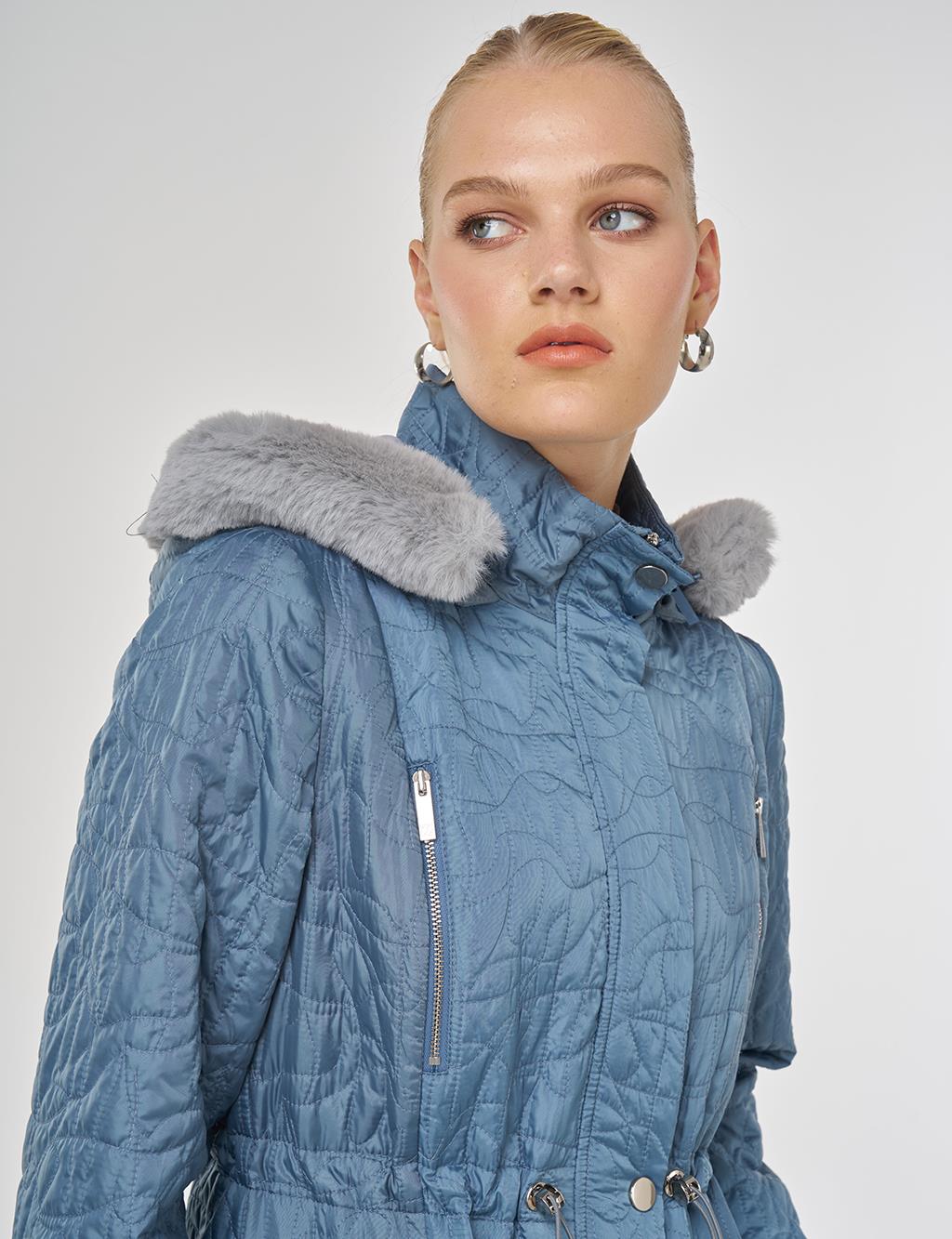 Fur-Detailed Quilted Coat in Dirty Blue